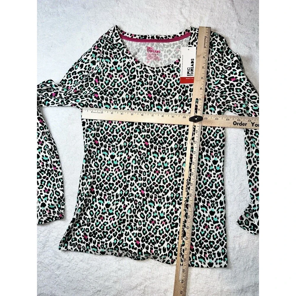 Epic Threads Girls Leopard Print Long Sleeve T-shirt Turquoise Pink White Sz L